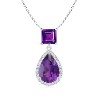 10x7mm AAA Square and Pear Amethyst Pendant with Diamond Halo in White Gold