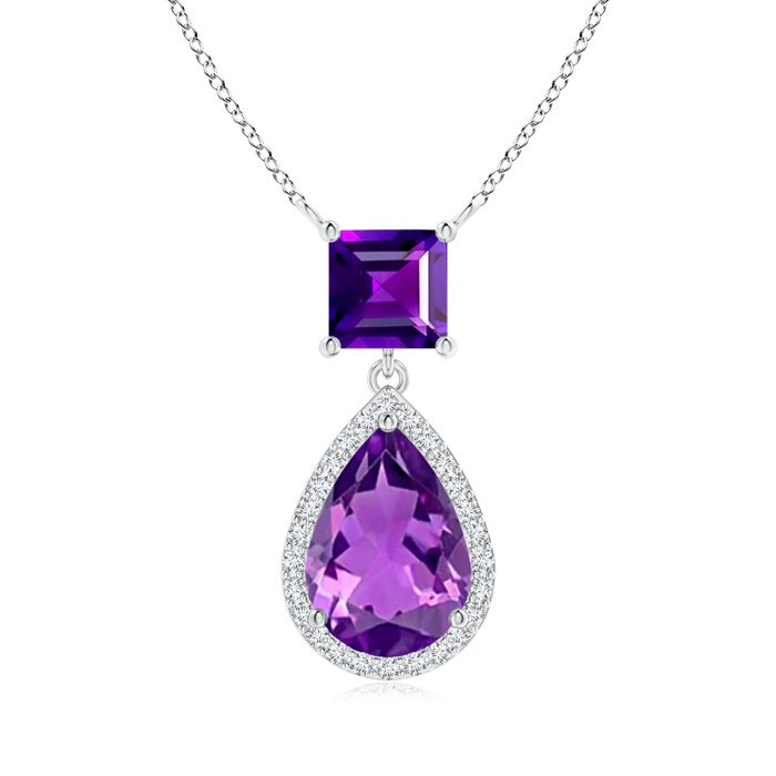 10x7mm AAAA Square and Pear Amethyst Pendant with Diamond Halo in White Gold