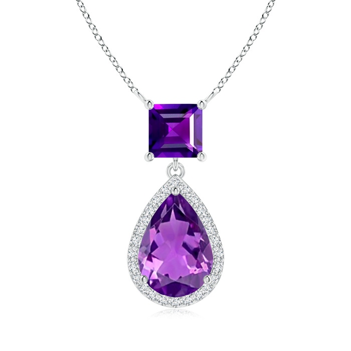 10x7mm AAAA Square and Pear Amethyst Pendant with Diamond Halo in White Gold 