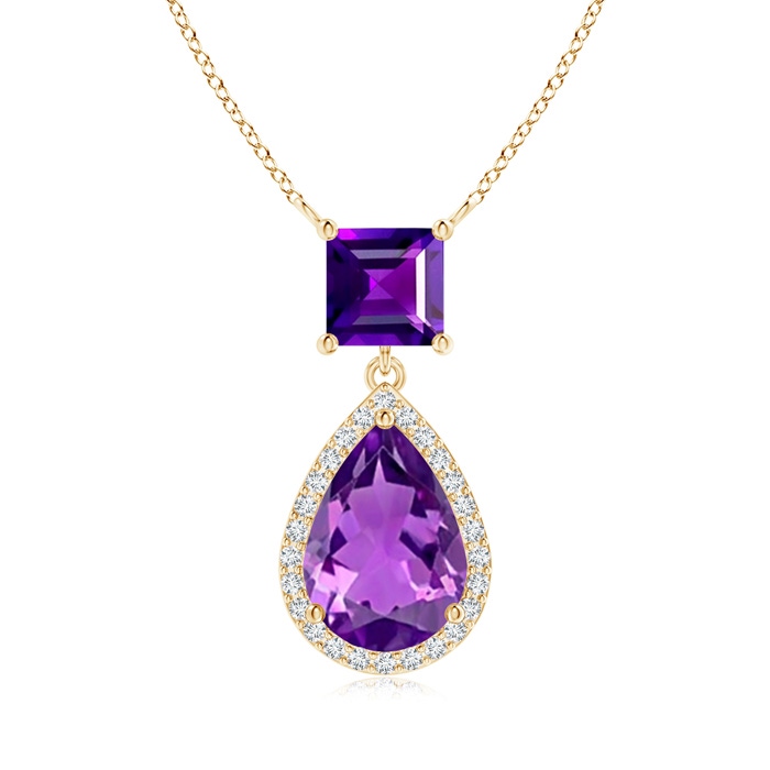 10x7mm AAAA Square and Pear Amethyst Pendant with Diamond Halo in Yellow Gold