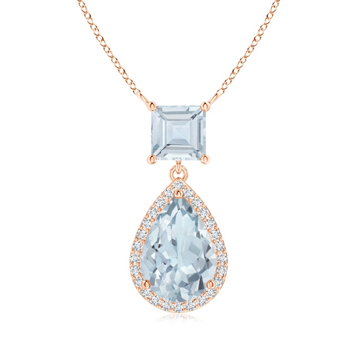 10x7mm A Square and Pear Aquamarine Pendant with Diamond Halo in Rose Gold 