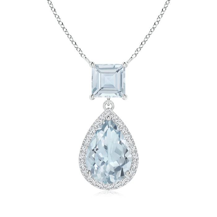 10x7mm A Square and Pear Aquamarine Pendant with Diamond Halo in White Gold 