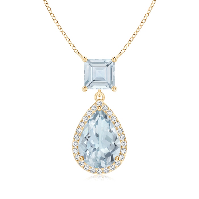 10x7mm A Square and Pear Aquamarine Pendant with Diamond Halo in Yellow Gold 
