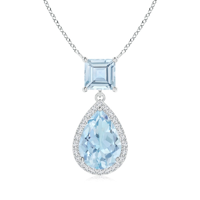 10x7mm AA Square and Pear Aquamarine Pendant with Diamond Halo in White Gold 