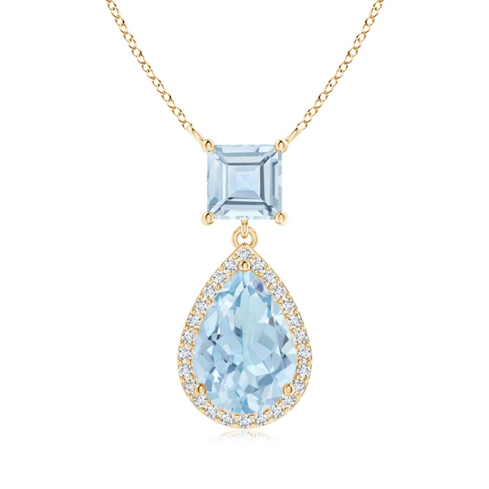 10x7mm AA Square and Pear Aquamarine Pendant with Diamond Halo in Yellow Gold 