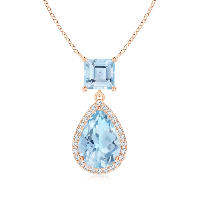 10x7mm AAA Square and Pear Aquamarine Pendant with Diamond Halo in Rose Gold 