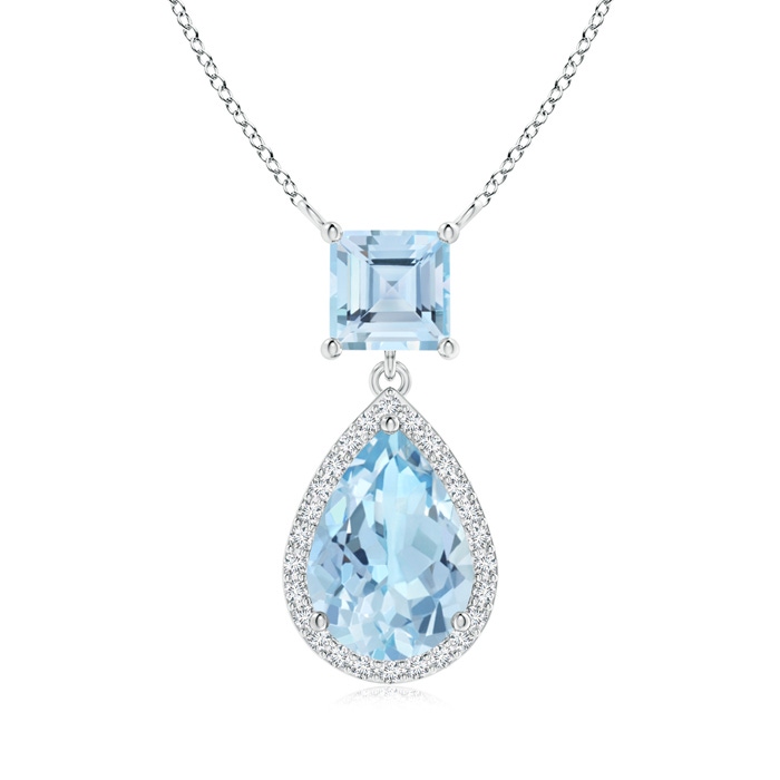 10x7mm AAA Square and Pear Aquamarine Pendant with Diamond Halo in White Gold 