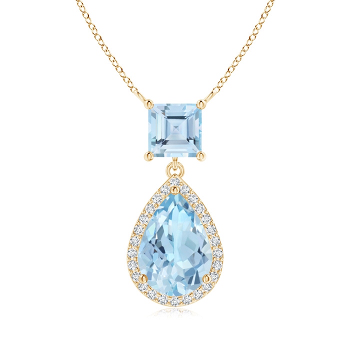 10x7mm AAA Square and Pear Aquamarine Pendant with Diamond Halo in Yellow Gold 
