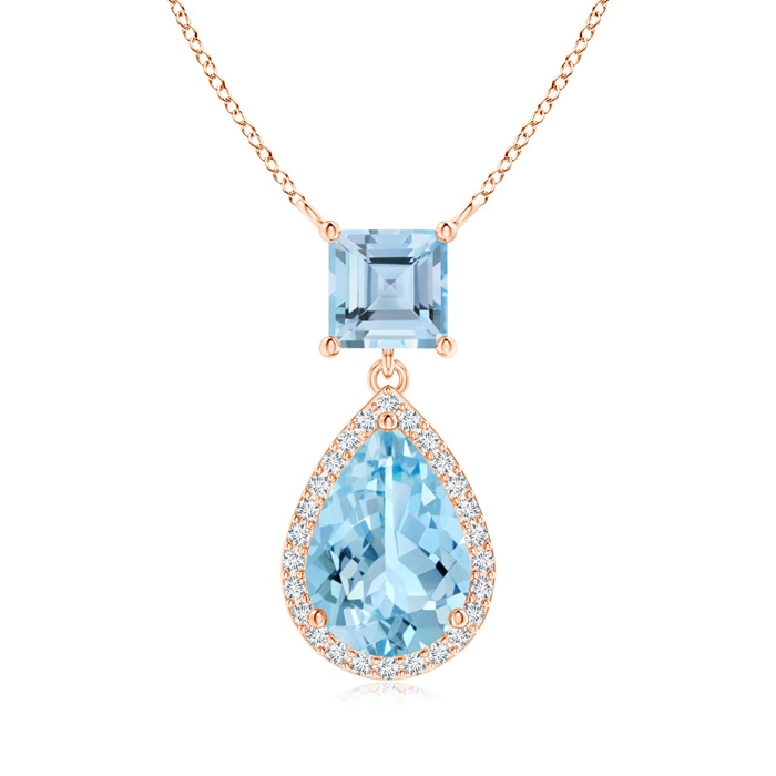 10x7mm AAAA Square and Pear Aquamarine Pendant with Diamond Halo in Rose Gold 