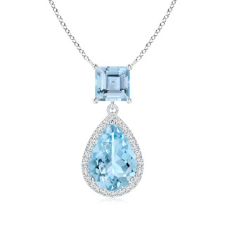 10x7mm AAAA Square and Pear Aquamarine Pendant with Diamond Halo in White Gold