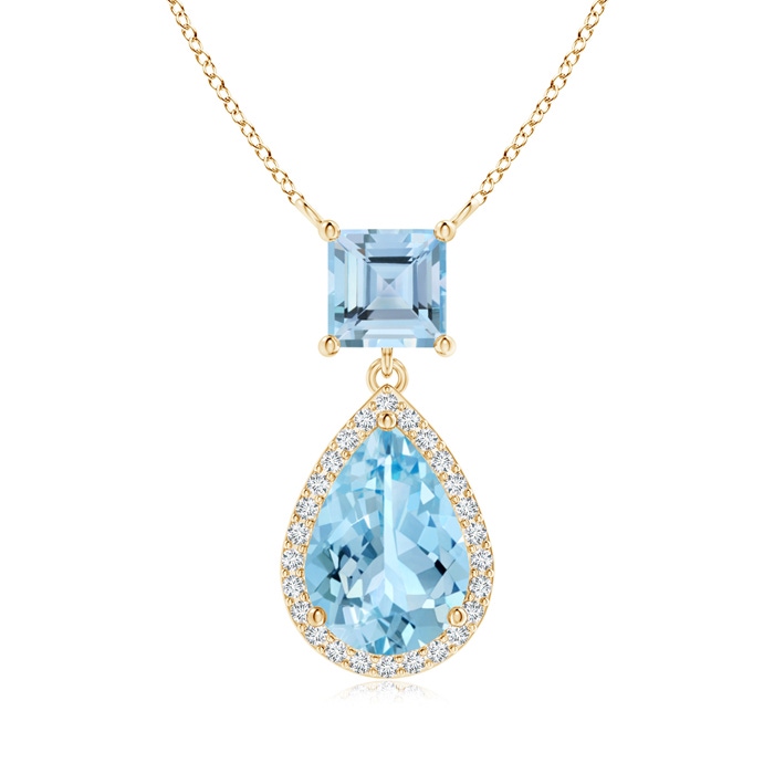 10x7mm AAAA Square and Pear Aquamarine Pendant with Diamond Halo in Yellow Gold