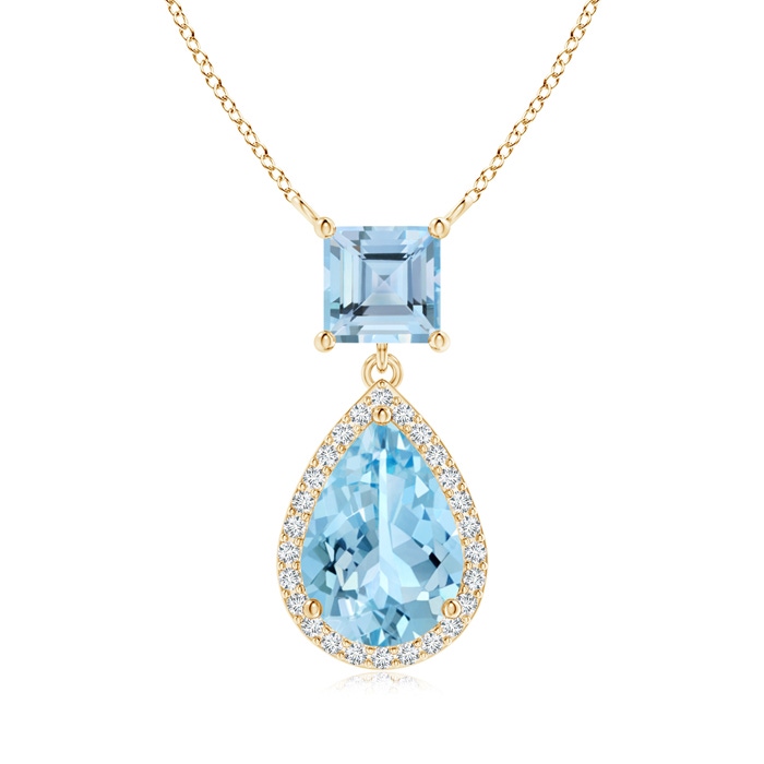 10x7mm AAAA Square and Pear Aquamarine Pendant with Diamond Halo in Yellow Gold 