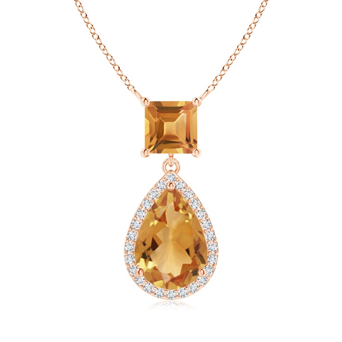 10x7mm A Square and Pear Citrine Pendant with Diamond Halo in Rose Gold 