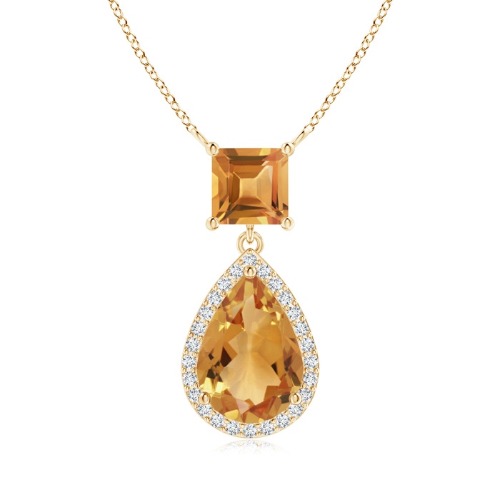 10x7mm A Square and Pear Citrine Pendant with Diamond Halo in Yellow Gold 
