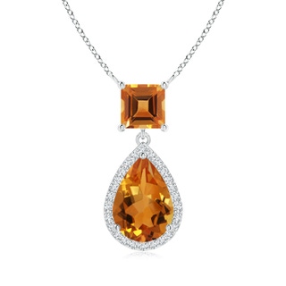 10x7mm AAA Square and Pear Citrine Pendant with Diamond Halo in S999 Silver