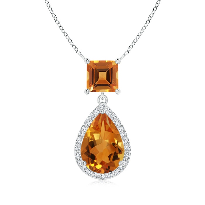 10x7mm AAA Square and Pear Citrine Pendant with Diamond Halo in White Gold 