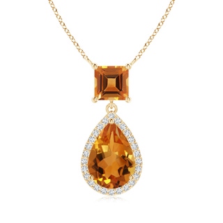 10x7mm AAA Square and Pear Citrine Pendant with Diamond Halo in Yellow Gold