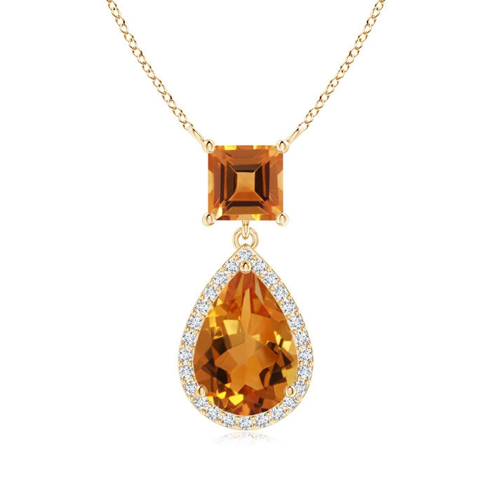 10x7mm AAA Square and Pear Citrine Pendant with Diamond Halo in Yellow Gold 