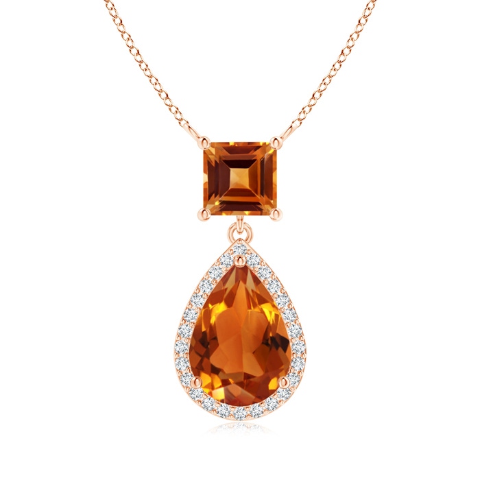 10x7mm AAAA Square and Pear Citrine Pendant with Diamond Halo in Rose Gold