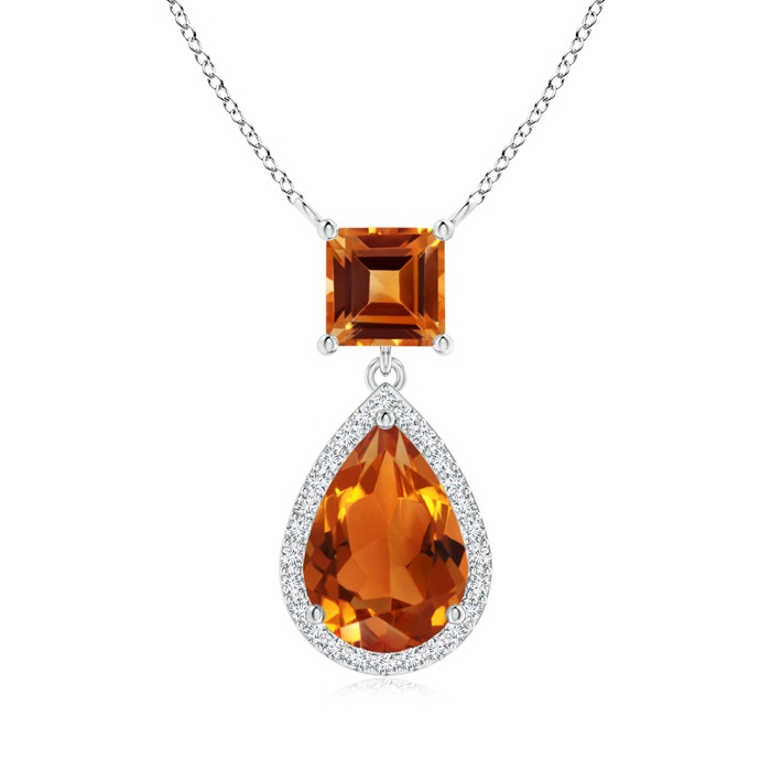 10x7mm AAAA Square and Pear Citrine Pendant with Diamond Halo in S999 Silver