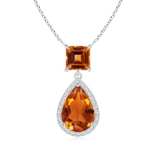 10x7mm AAAA Square and Pear Citrine Pendant with Diamond Halo in S999 Silver