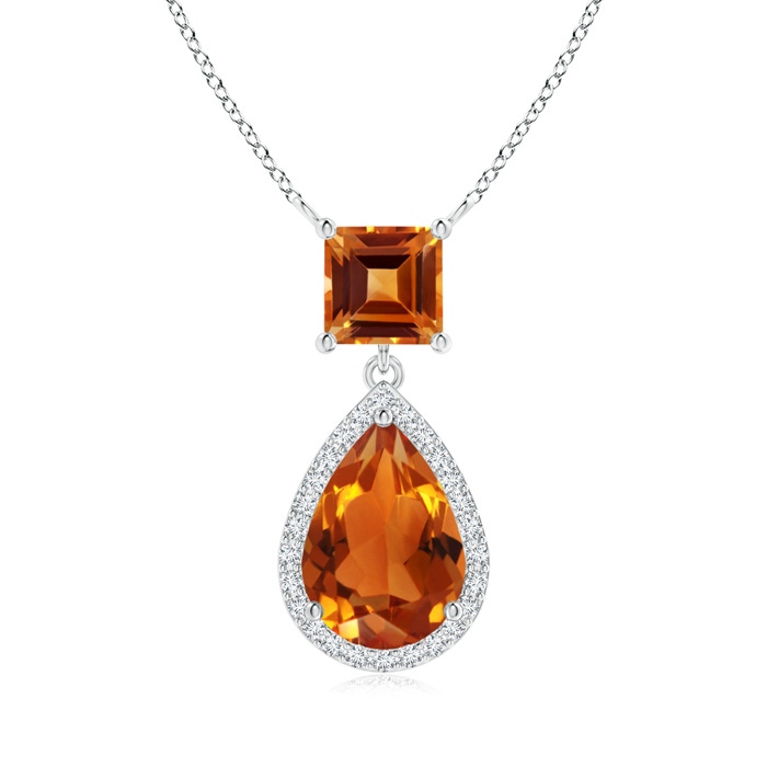 10x7mm AAAA Square and Pear Citrine Pendant with Diamond Halo in White Gold 