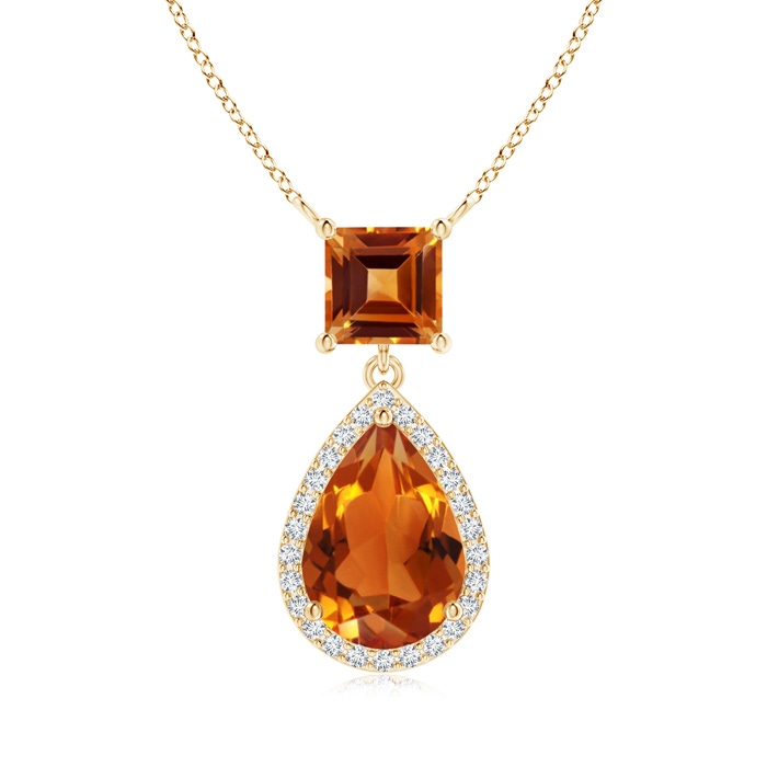 10x7mm AAAA Square and Pear Citrine Pendant with Diamond Halo in Yellow Gold