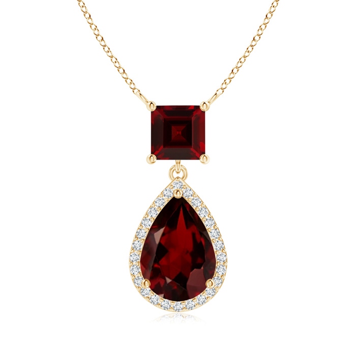 10x7mm AAA Square and Pear Garnet Pendant with Diamond Halo in 10K Yellow Gold