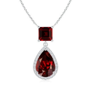10x7mm AAAA Square and Pear Garnet Pendant with Diamond Halo in White Gold