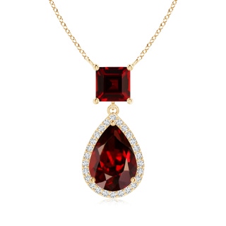 10x7mm AAAA Square and Pear Garnet Pendant with Diamond Halo in Yellow Gold