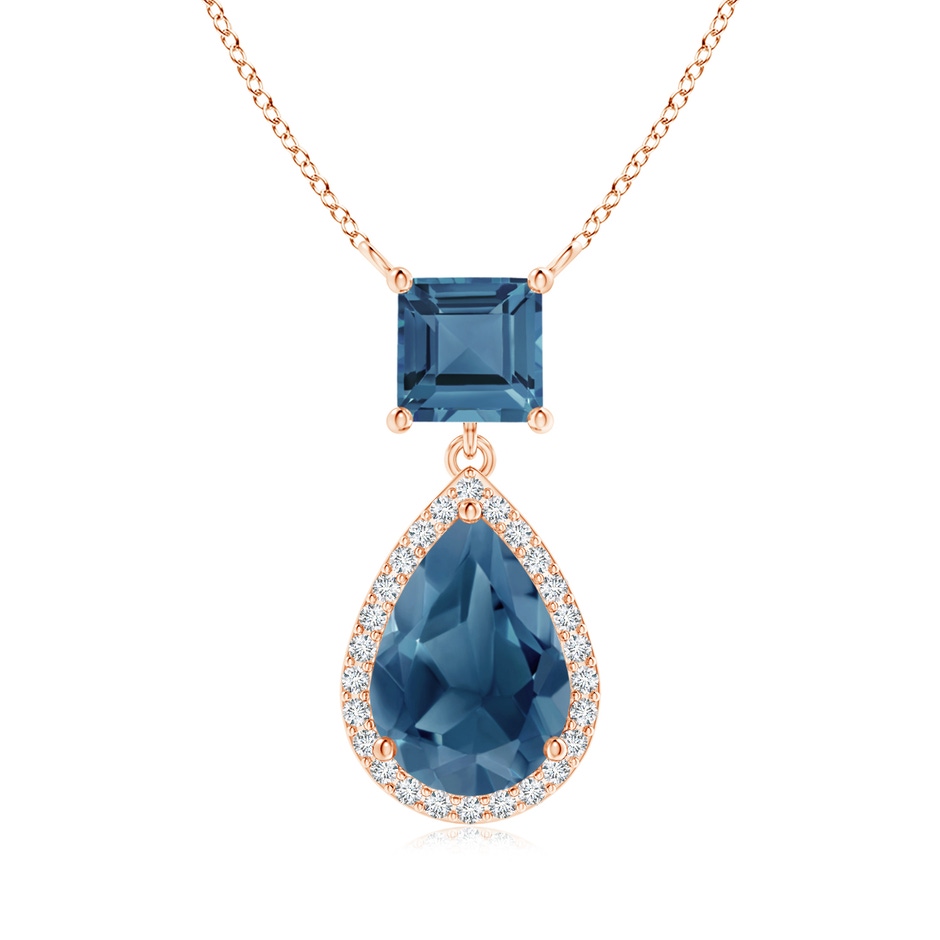 10x7mm A Square and Pear London Blue Topaz Pendant with Diamond Halo in Rose Gold 