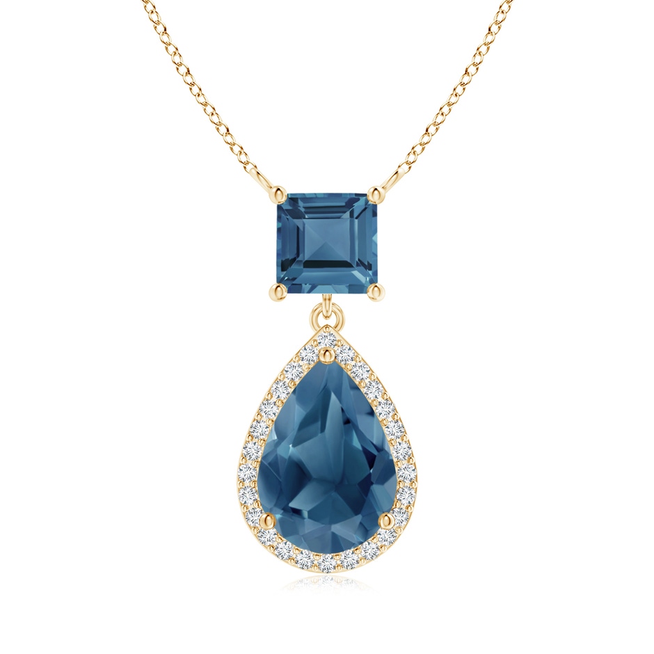 10x7mm A Square and Pear London Blue Topaz Pendant with Diamond Halo in Yellow Gold 