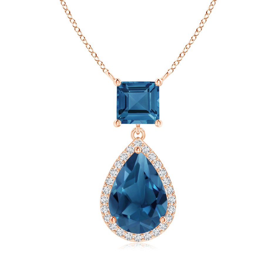10x7mm AA Square and Pear London Blue Topaz Pendant with Diamond Halo in Rose Gold 