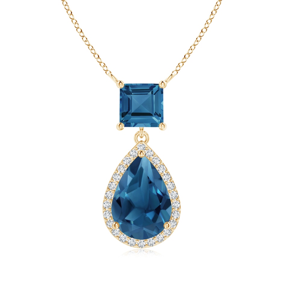 10x7mm AA Square and Pear London Blue Topaz Pendant with Diamond Halo in Yellow Gold 