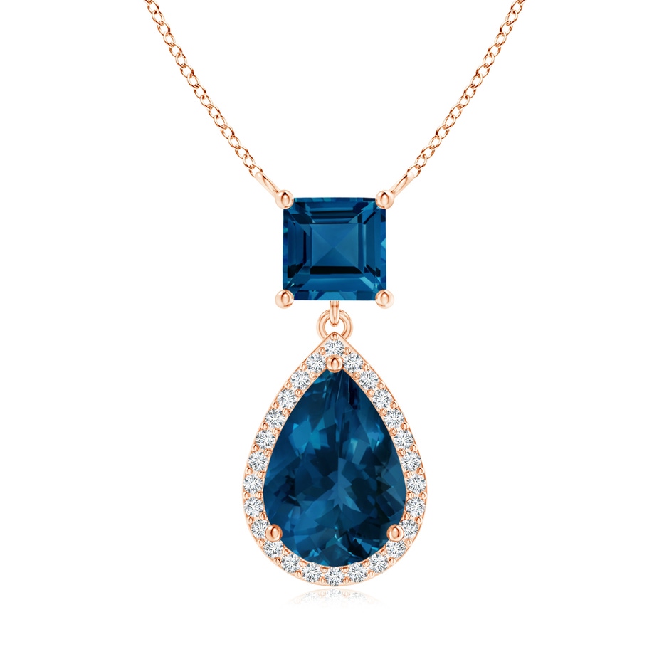 10x7mm AAA Square and Pear London Blue Topaz Pendant with Diamond Halo in Rose Gold 