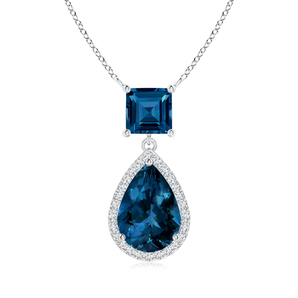 10x7mm AAAA Square and Pear London Blue Topaz Pendant with Diamond Halo in S999 Silver