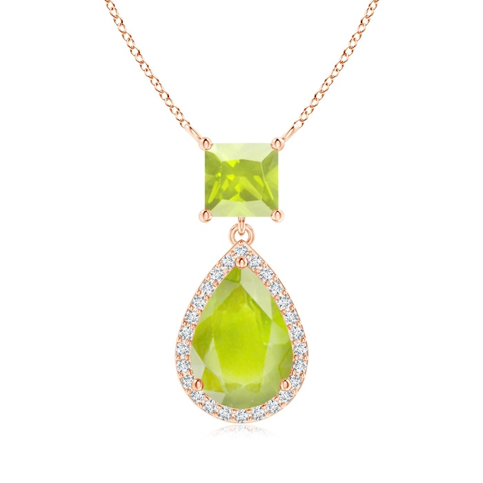 10x7mm A Square and Pear Peridot Pendant with Diamond Halo in Rose Gold 