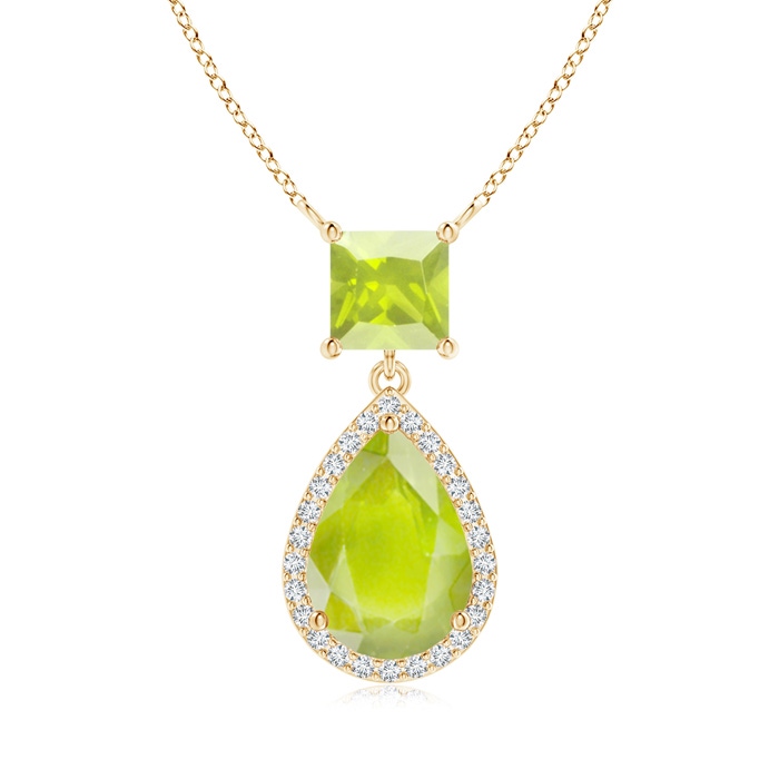 10x7mm A Square and Pear Peridot Pendant with Diamond Halo in Yellow Gold 