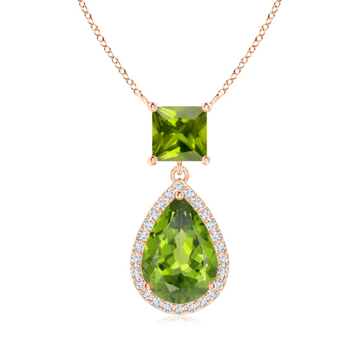 10x7mm AAA Square and Pear Peridot Pendant with Diamond Halo in Rose Gold 