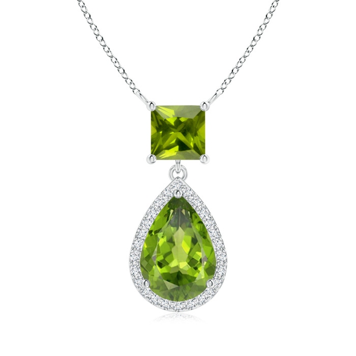 10x7mm AAA Square and Pear Peridot Pendant with Diamond Halo in White Gold 