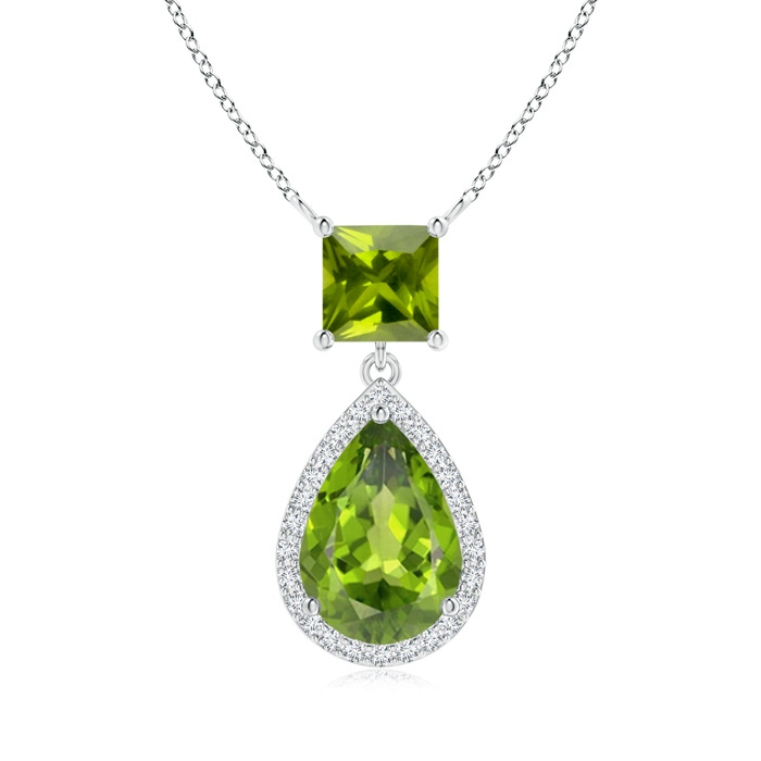 10x7mm AAA Square and Pear Peridot Pendant with Diamond Halo in White Gold