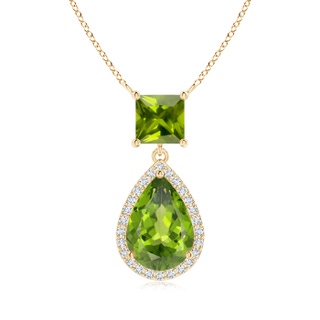 10x7mm AAA Square and Pear Peridot Pendant with Diamond Halo in Yellow Gold