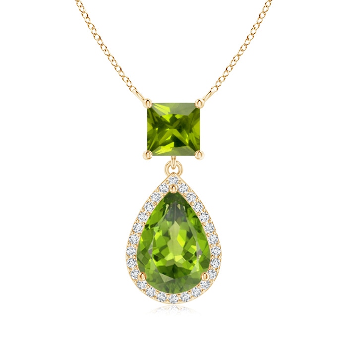 10x7mm AAA Square and Pear Peridot Pendant with Diamond Halo in Yellow Gold 