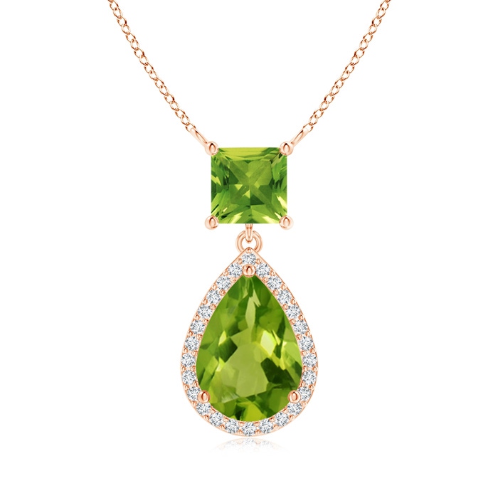 10x7mm AAAA Square and Pear Peridot Pendant with Diamond Halo in Rose Gold