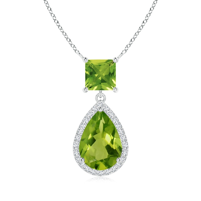 10x7mm AAAA Square and Pear Peridot Pendant with Diamond Halo in White Gold 