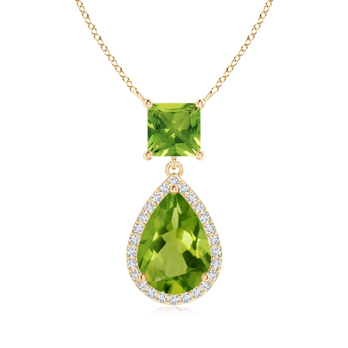 10x7mm AAAA Square and Pear Peridot Pendant with Diamond Halo in Yellow Gold
