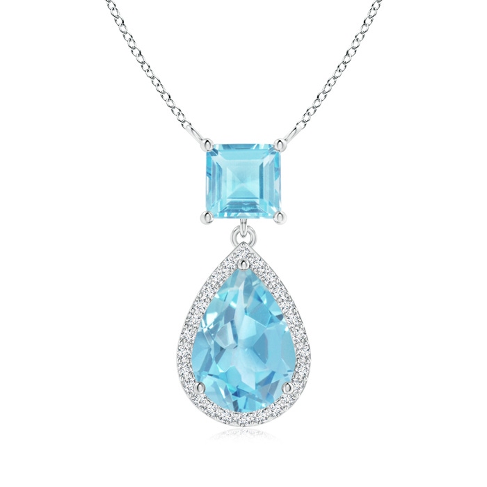 10x7mm A Square and Pear Swiss Blue Topaz Pendant with Diamond Halo in White Gold 