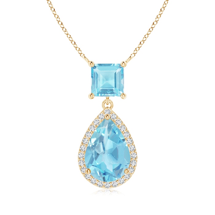 10x7mm A Square and Pear Swiss Blue Topaz Pendant with Diamond Halo in Yellow Gold 