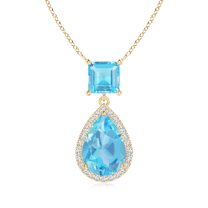 10x7mm AA Square and Pear Swiss Blue Topaz Pendant with Diamond Halo in Yellow Gold 