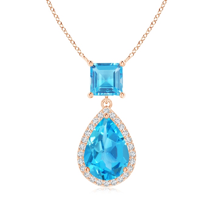 10x7mm AAA Square and Pear Swiss Blue Topaz Pendant with Diamond Halo in Rose Gold 
